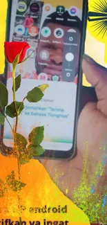 A hand holding a smartphone with vibrant colors and a red rose overlay.