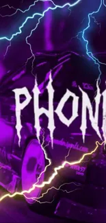 Phonk car with vibrant lightning in purple background.