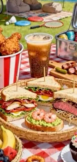 Colorful picnic spread with sandwiches and desserts on a checkered blanket.