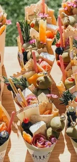 Vibrant grazing cones with cheese and fruit on display.