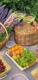 A vibrant picnic setup with fresh fruits and wicker baskets in nature.