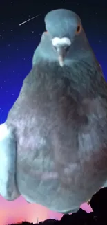 A pigeon in front of a vibrant galaxy sky with stars.