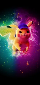 Vibrant Pikachu with neon colorful abstract background.