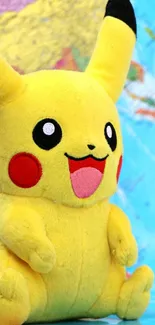 Vibrant Pikachu against a colorful world map background.