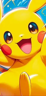 Vibrant Pikachu in an animated pose with blue background.