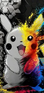 Vibrant Pikachu with colorful splashes on a dynamic background.