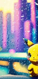 Colorful Pikachu wallpaper with neon city background.