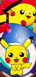 Colorful Pikachu wallpaper with hearts and vibrant design.