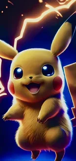 Pikachu with lightning, vibrant yellow backdrop.