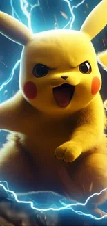 Energetic Pikachu with lightning background for mobile wallpaper.