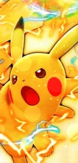 Pikachu surrounded by lightning energy in a vibrant yellow theme.