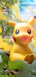 Cute Pikachu surrounded by nature with electric sparks, smiling brightly.