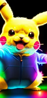 Vibrant neon Pikachu dressed in a colorful jacket against a dark background.