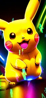 Pikachu with neon lights background in vibrant colors.