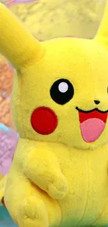 Vibrant Pokémon Pikachu plush toy with a colorful map background.