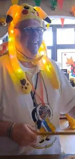 Person wearing a colorful, illuminated Pikachu hat.