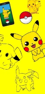 Vibrant yellow wallpaper with Pikachu and Pokémon elements.