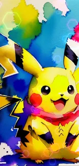 Colorful watercolor Pikachu phone wallpaper with vibrant hues and abstract design.