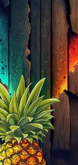 Colorful pineapple and wooden background wallpaper.