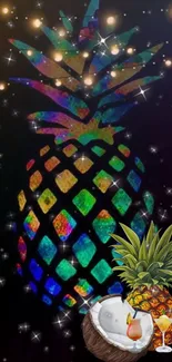 Colorful pineapple art against a starry, black background with drinks.