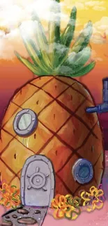 Vibrant cartoon pineapple house with sunset background.