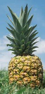 Lush green pineapple under a bright blue sky.