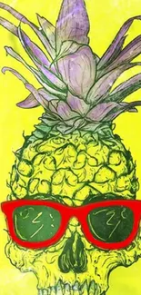 Artistic wallpaper of a pineapple skull with red sunglasses.