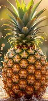 Vibrant pineapple with water splash in nature setting.