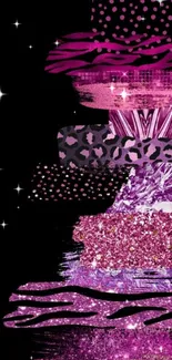 Vibrant pink abstract wallpaper with glitter and animal print patterns.