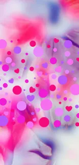 Vibrant pink and purple abstract wallpaper with hearts and circles.