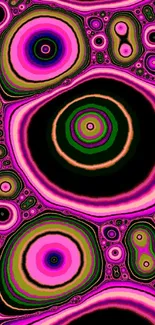 Vibrant pink and black abstract wallpaper with concentric circles.