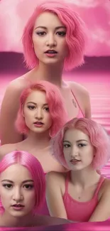 Dynamic pink-themed artwork featuring multiple portraits.