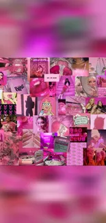 A vibrant pink aesthetic collage wallpaper with trendy pop culture elements.