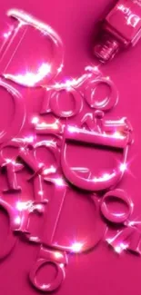 Vibrant pink wallpaper with letters and a nail polish bottle.