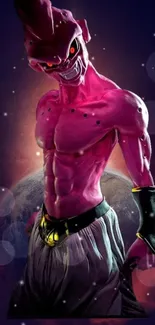 Intriguing pink alien warrior art on a cosmic backdrop.