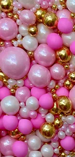 Vibrant pink and gold bubbles wallpaper design.