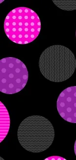 Pink and purple polka dot circles on black wallpaper.