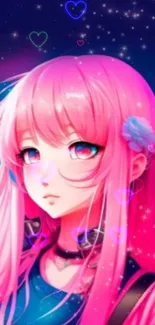 Anime character with pink hair and vibrant neon hearts.