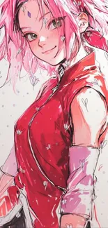 Anime character with pink hair and a vibrant red outfit.