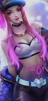 Animated character with pink hair in a vibrant outfit.