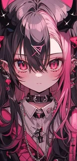 Anime girl in black attire with vibrant pink background and hair ribbons.