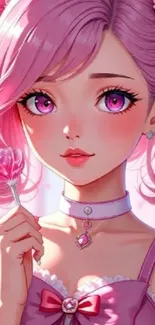 Anime character with pink hair and eyes holding a lollipop.