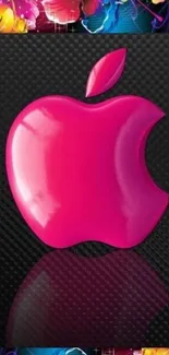 Vibrant pink Apple logo with colorful floral accents on a black background.