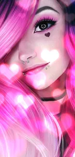 Digital artwork of a person with pink hair and piercings.