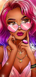 Artistic wallpaper of a woman with pink and purple hues and retro style sunglasses.