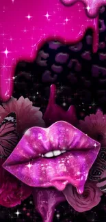 Vibrant pink wallpaper with dripping paint and sparkling lips.