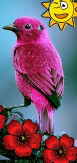 Pink bird perched with flowers and cartoon sun.