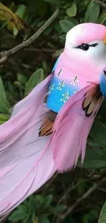 Pink bird with long tail among leaves.