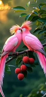 Pair of vibrant pink birds perched on a green branch.