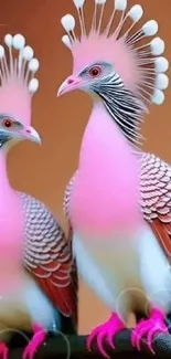 Vibrant pink birds with unique plumage, perfect for a colorful mobile wallpaper.